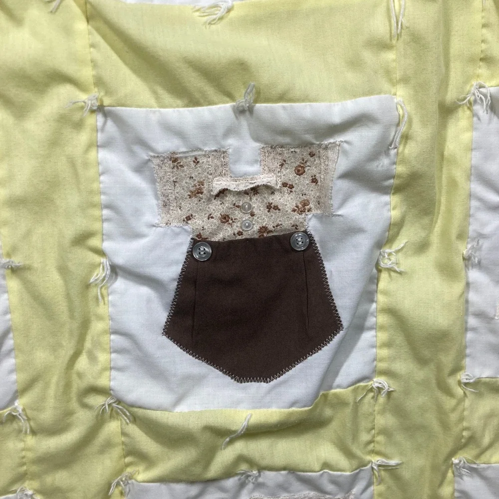 Handmade Vintage Baby Lap‎ Quilt Green Yellow 3D Applique Patchwork Blanket FLAW